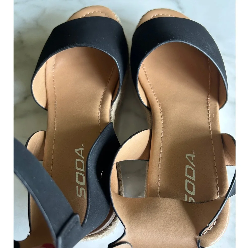 Soda Womens Black Espadrille Platform Sandals Ankle Strap Wedge Open Toe 7.5